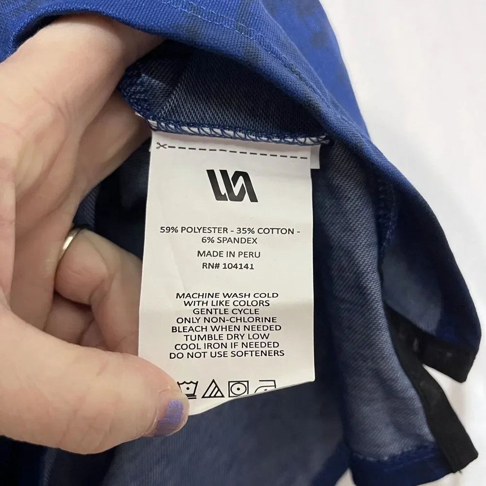 VRST Warped Check‎ Pique Polo Shirt Men's Small Navy Blue Stretch High Low Hem